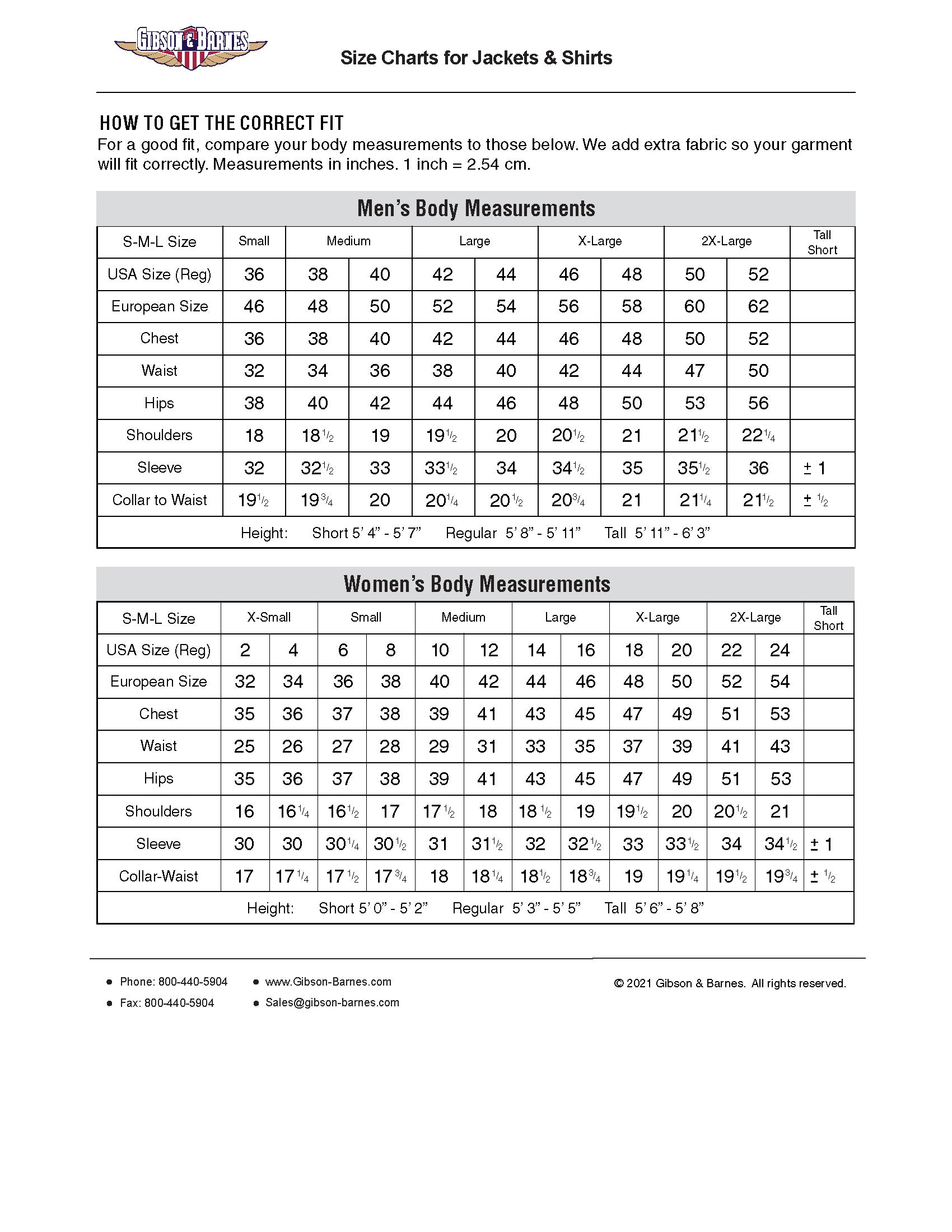 Sentinel Size Chart Sentinel Shirts - Untucked – Gibson & Barnes Store